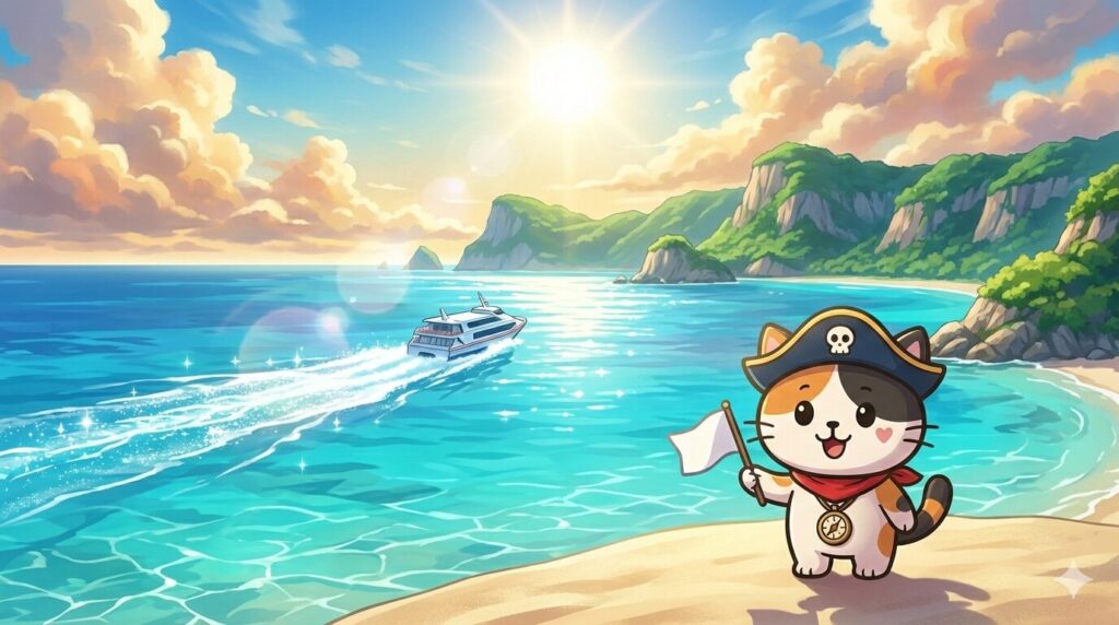 久米島の夏の海を背景に、到着する高速船を歓迎するココロ船長
