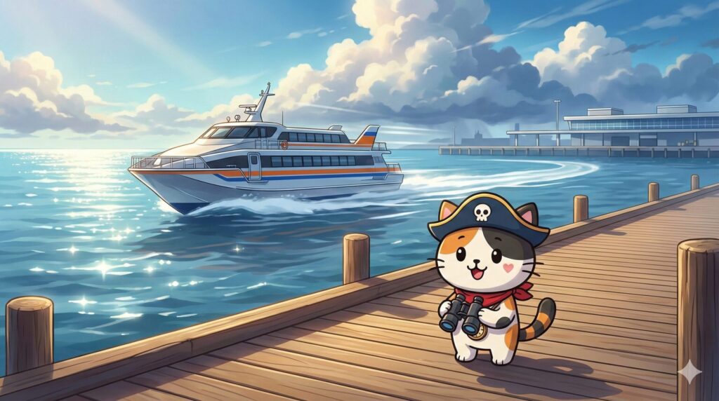 高速で海を走るジェットフォイルを遠景に見送りながら説明するココロ船長
