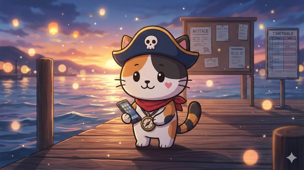 港の掲示板を横目に、公式更新をスマホで確認しているココロ船長
