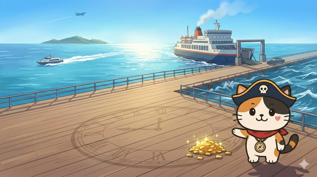 港の風景の中で、複数の移動手段を示すように選び方を案内するココロ船長の見出し画像
