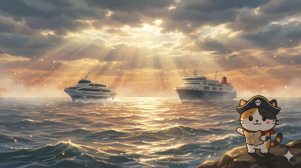 泊港（とまりん）の沖に見える高速船とフェリーを見比べながら、手元のルートカードで迷いを整理しているココロ船長。
