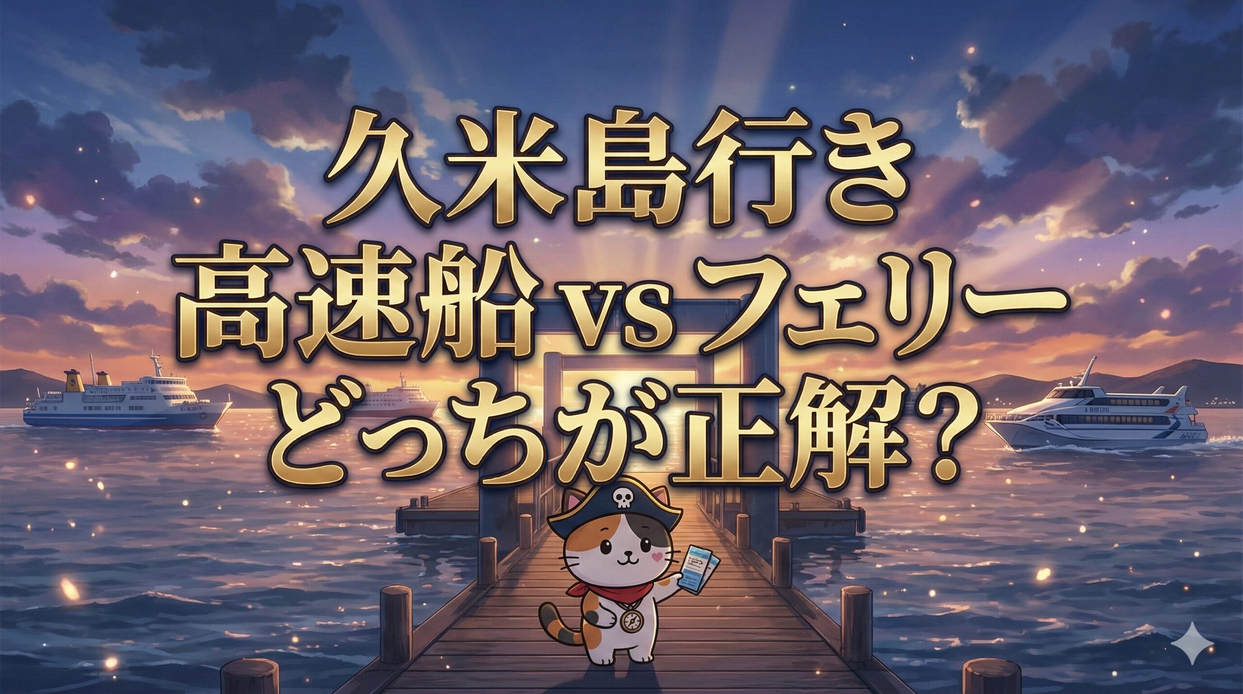 那覇の泊港（とまりん）を望む夕景の海と空を背景に、チケットを手に乗り場を指し示すココロ船長が佇んでいるサムネイル画像。