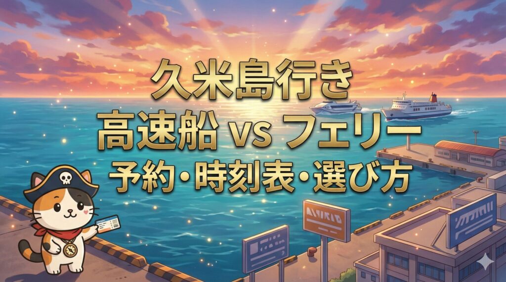 那覇の泊港（とまりん）の海を背景に、高速船とフェリーを見比べながら乗船券を確認しているココロ船長のサムネイル画像。