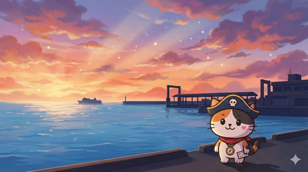 朝焼けの泊港（とまりん）の海を背景に、乗船券を手元で確認しながら出発に備えているココロ船長。
