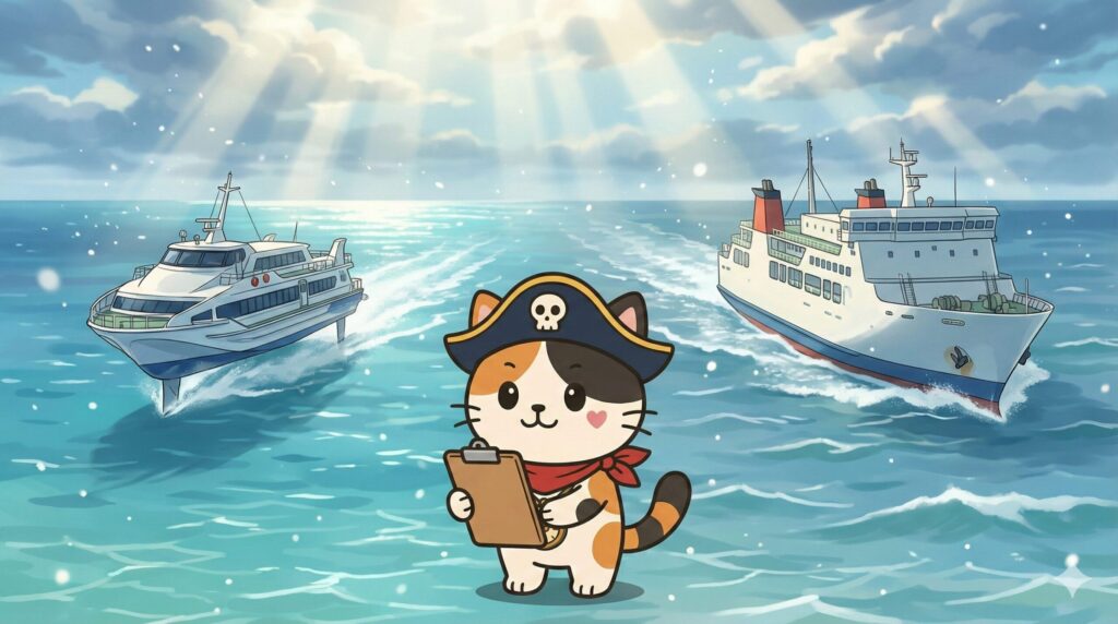 海上を進む高速船とフェリーの雰囲気を対比させ、比較を示すようにボードを持つココロ船長の見出し画像
