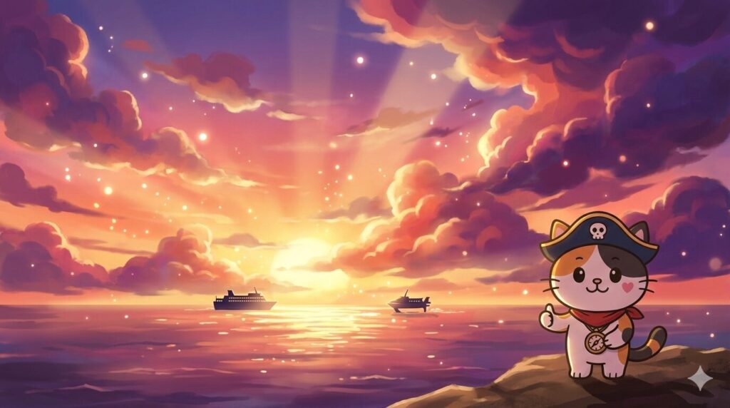 夕焼けの海と出航する船影を背景に、準備完了の合図を出して旅立ちを促すココロ船長。
