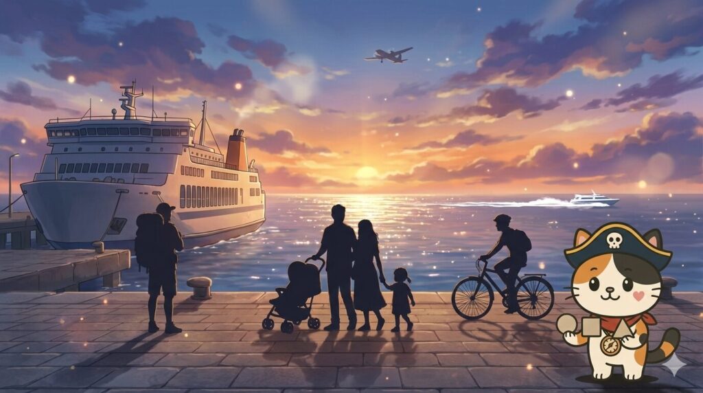 港の風景の中で、旅の状況に合わせた移動手段を示すように案内するココロ船長の見出し画像
