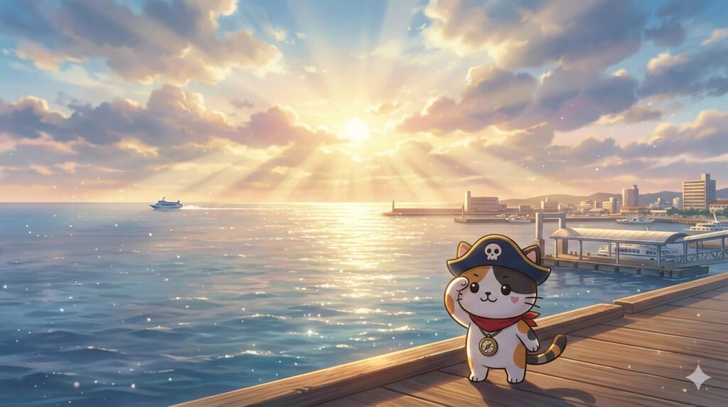 朝焼けの那覇・泊港の海を見つめ、再開する高速船を待つココロ船長
