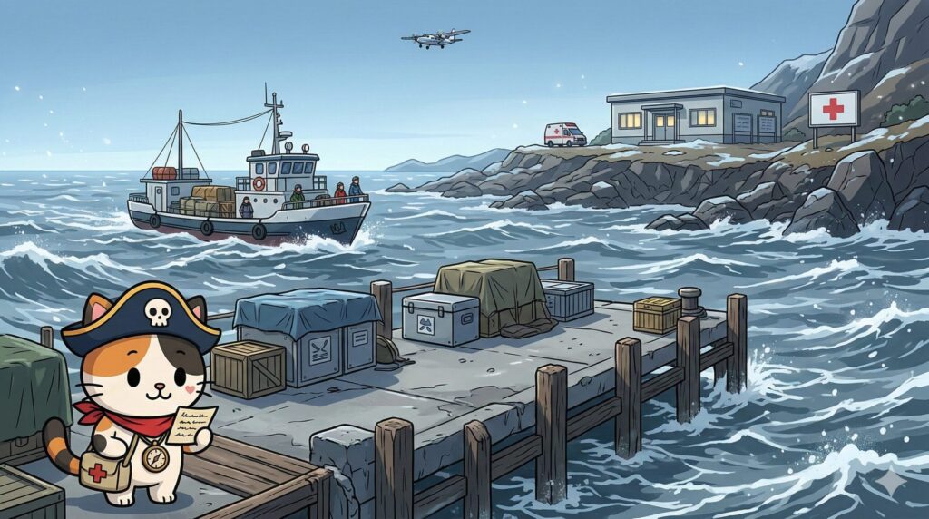 島の港と診療所を見守るココロ船長