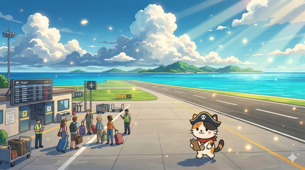 離島の空港で状況を確認しながら歩くココロ船長