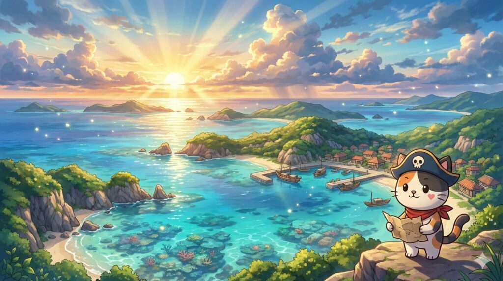 沖縄の多様な離島風景を見渡しながら地図を手に佇むココロ船長の見出し画像。
