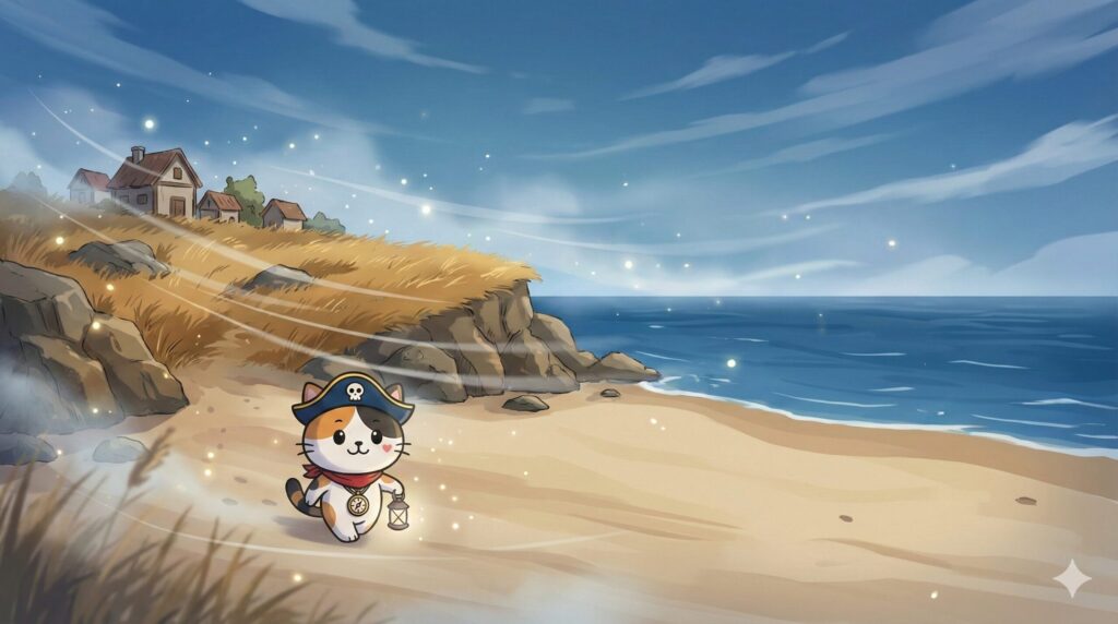 静かな極小離島の浜辺を背景に、そっと歩くココロ船長の見出し画像。
