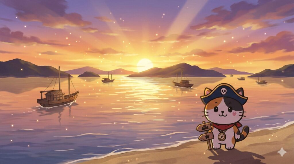 夕焼けの島々を背景に、選択肢を示す小物を持って締めくくるココロ船長の見出し画像。
