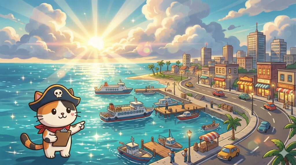 港町の活気ある離島風景を背景に、チェックリストを見ながら指差しするココロ船長の見出し画像。
