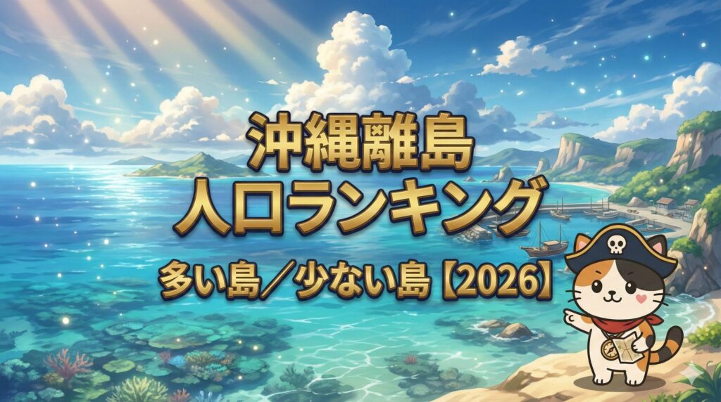 沖縄の離島の海と島々を背景に、地図を手にランキングを示すココロ船長のサムネイル画像。