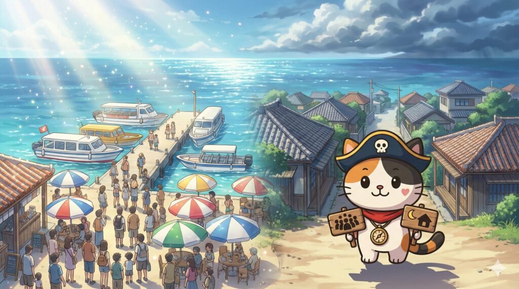 観光で賑わう港と落ち着いた集落の対比を背景に、違いを示す小物を持つココロ船長の見出し画像。
