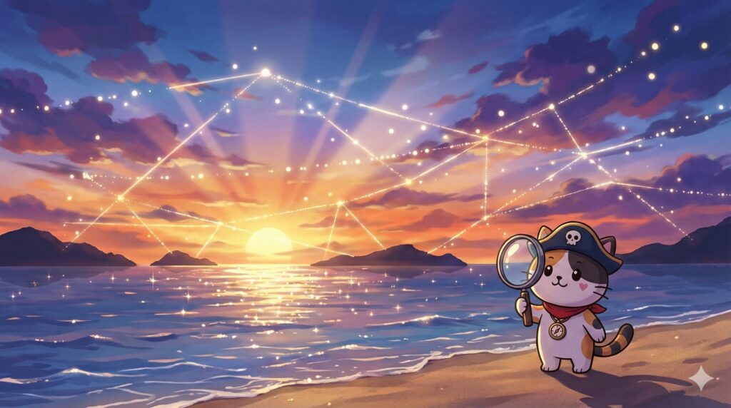 海と島々の風景に浮かぶ抽象的な光の線を観察するココロ船長の見出し画像。
