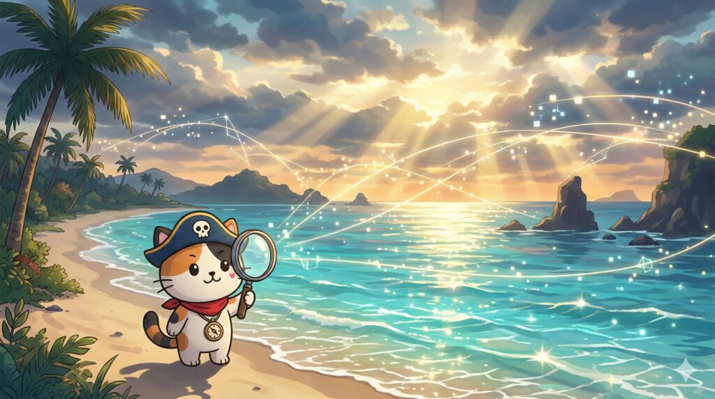 海と島々の風景に浮かぶ抽象的な光の線を観察するココロ船長の見出し画像。
