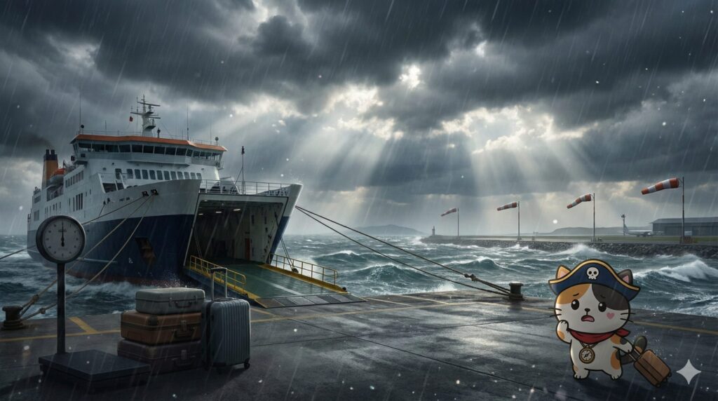 荒れ模様の港と遠景の空港を背景に、スーツケースを押さえながら天候を確認しているココロ船長