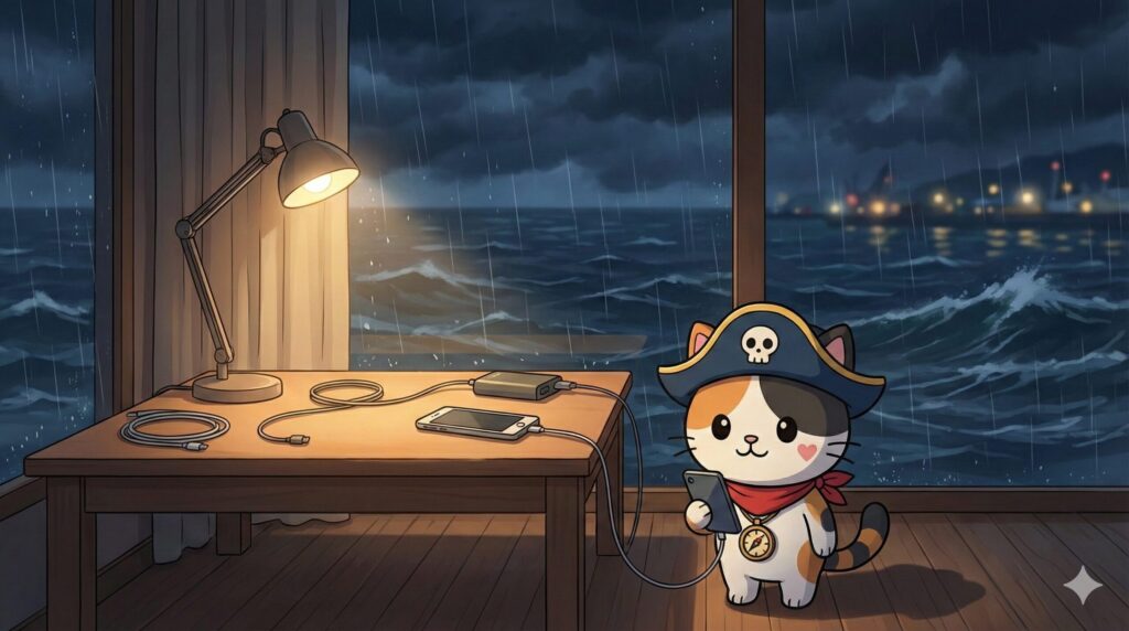 荒天の海を窓越しに見ながら、落ち着いて連絡を入れているココロ船長