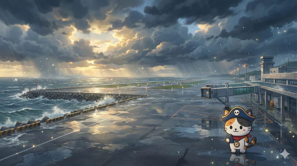 荒天の空港と港を背景に、スマホで運航情報を確認しているココロ船長
