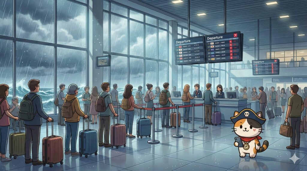欠航で混雑する空港(または港)で、スマホを見て初動を考えているココロ船長