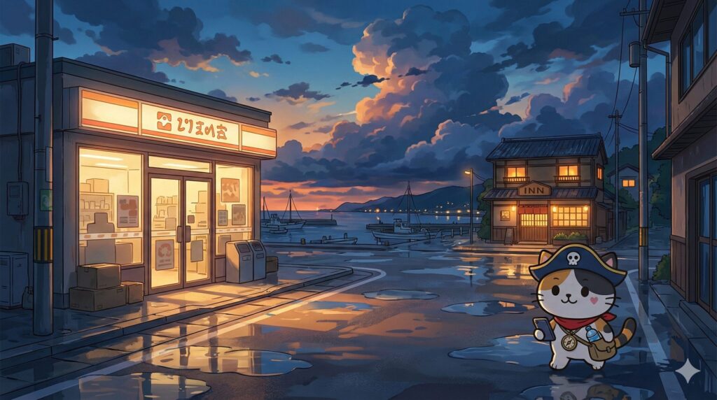 欠航後の島の夕景で、延泊に備えて最低限の物資を持ち宿へ向かっているココロ船長