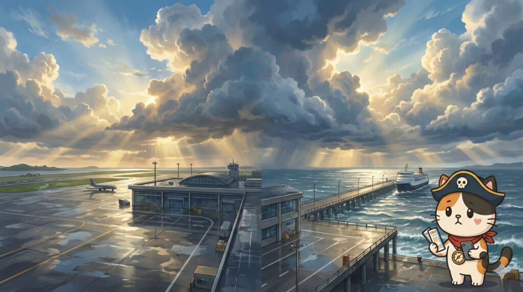 空港と港が見える風景の中で、払戻しや振替の手順を考えながらチケットとスマホを見比べているココロ船長