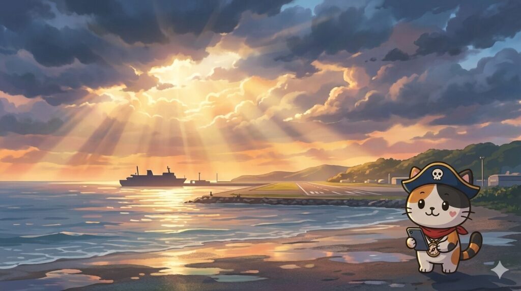 雲間から光が差す空港と港の風景を背景に、落ち着いて行動を終えたココロ船長