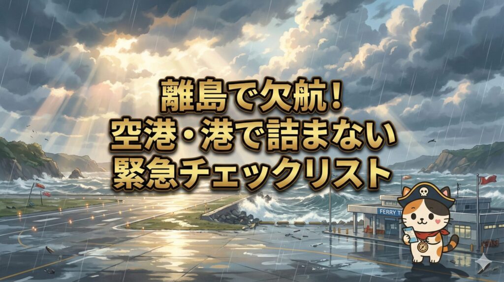 荒れた空港と港の風景の中で、緊急情報を確認しているココロ船長