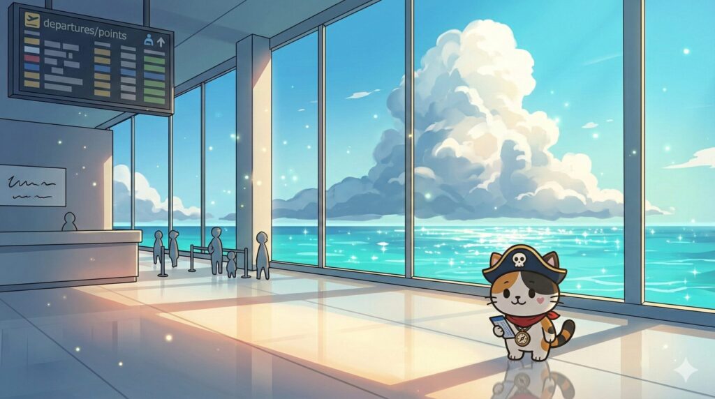 海が見える離島の空港ロビーで、下向きのチケットを確認しているココロ船長