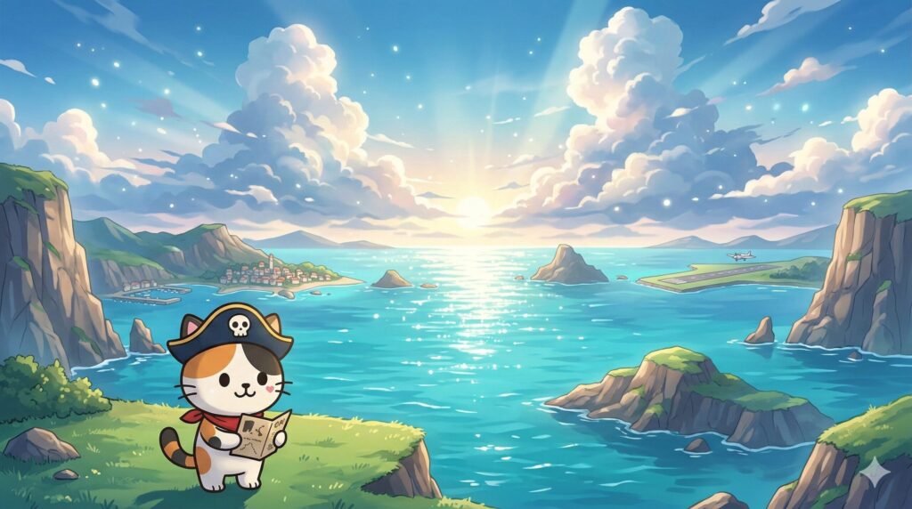 朝焼けの離島と海を背景に、下向きのメモを確認しているココロ船長