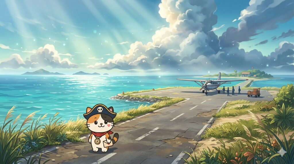 海沿いの小さな離島滑走路のそばで、下向きの封筒を抱えて歩くココロ船長