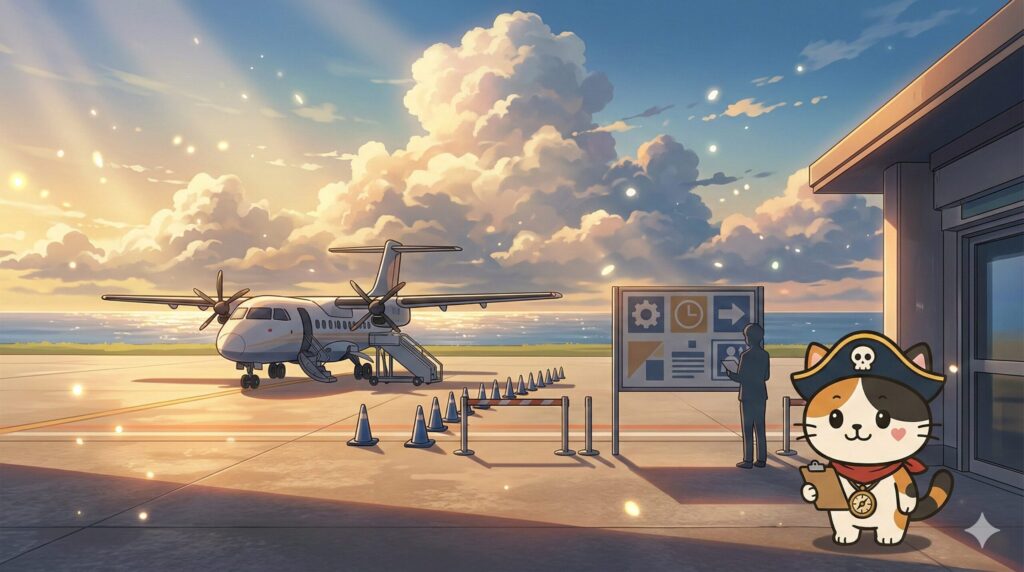 離島空港の運用エリアで、抽象アイコンの掲示を確認しているココロ船長