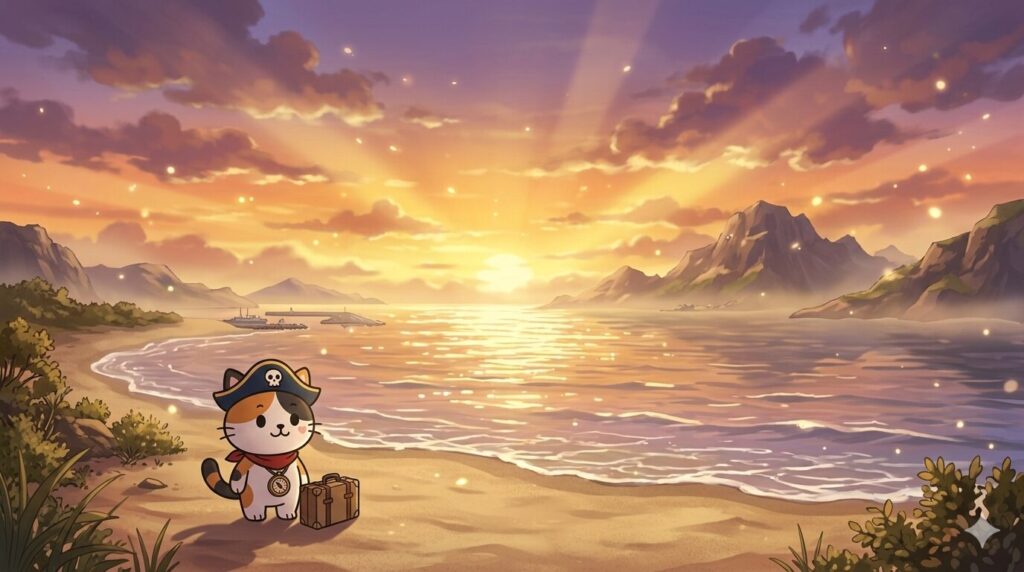 夕焼けの離島の海辺で、スーツケースのそばに静かに佇むココロ船長