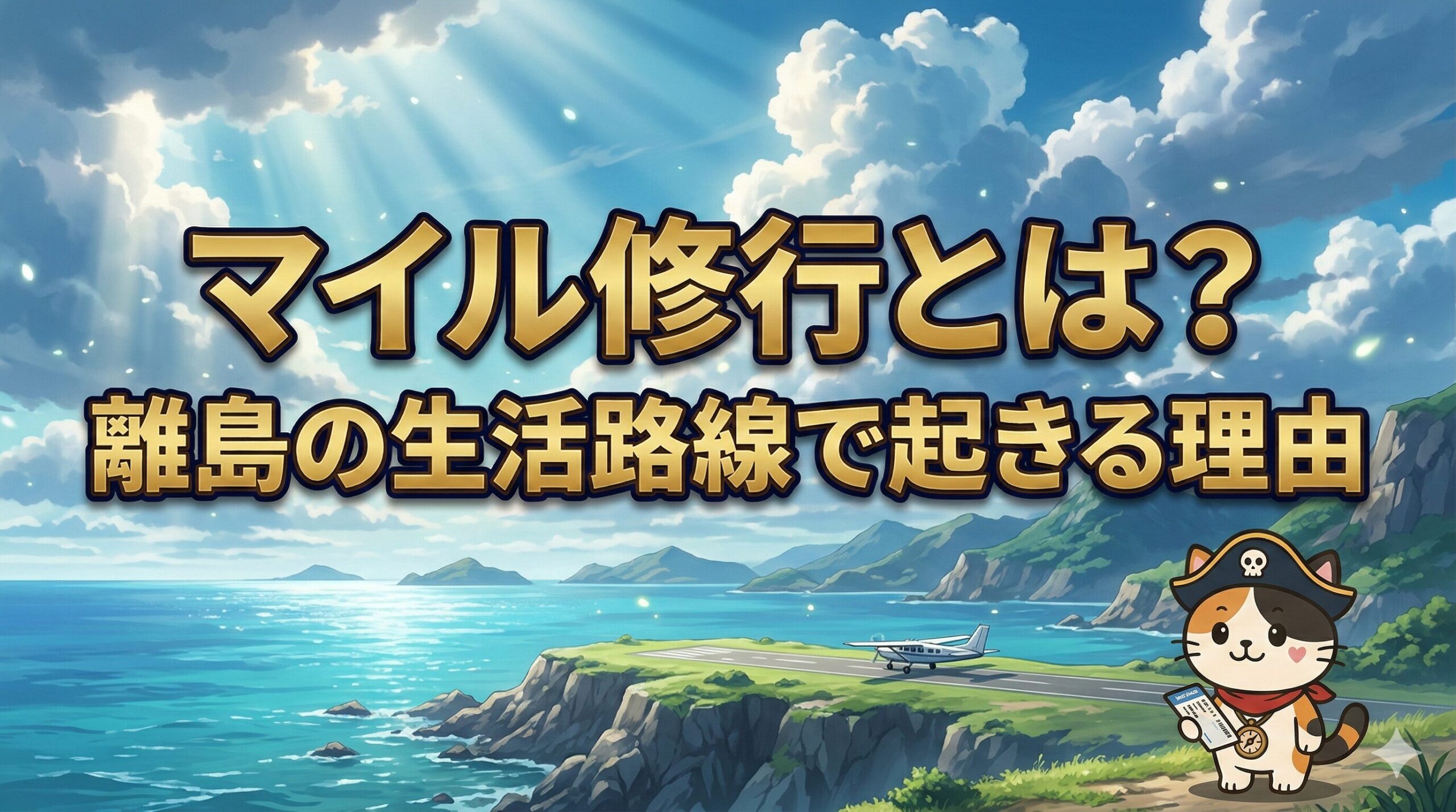 離島の空港と海が広がる景色の前で、搭乗メモを下向きに確認しているココロ船長