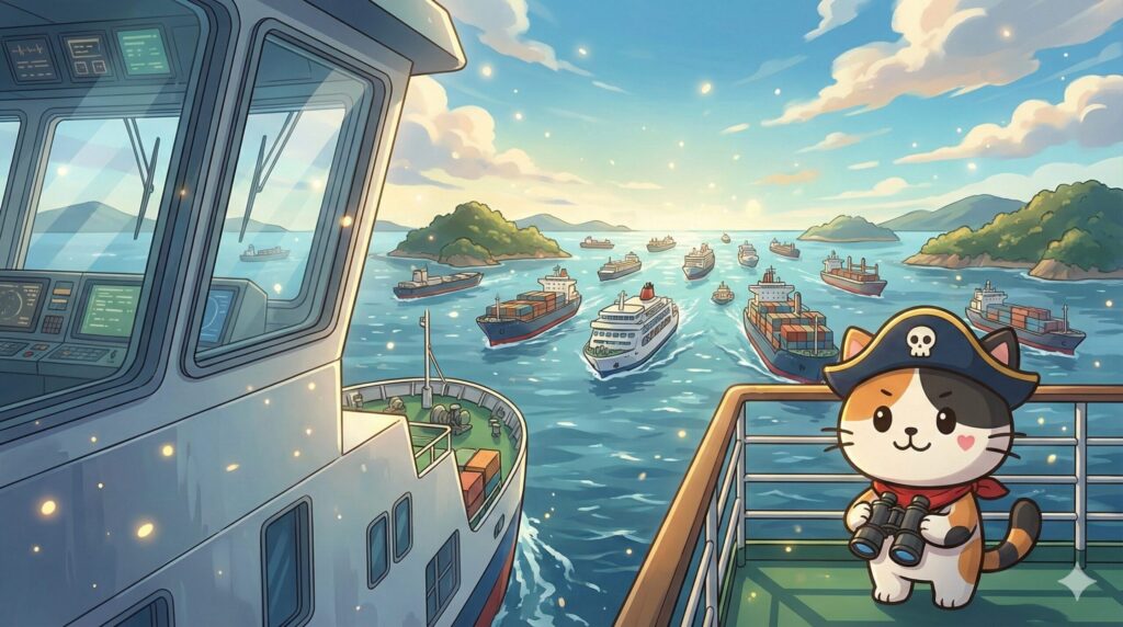 船のデッキで航路を見守りながら双眼鏡を手元に構えているココロ船長