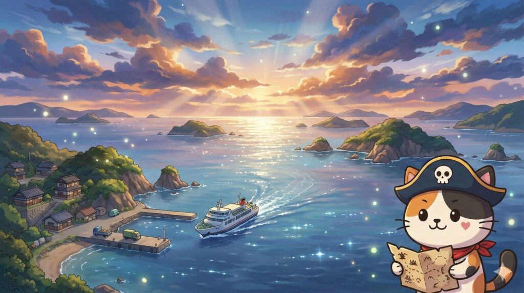 朝焼けの離島の港で、航路図を見ながら沖のフェリーを見守っているココロ船長