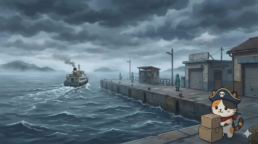 閑散とした離島の港で、荷物を整理しながら出港するフェリーを見送っているココロ船長