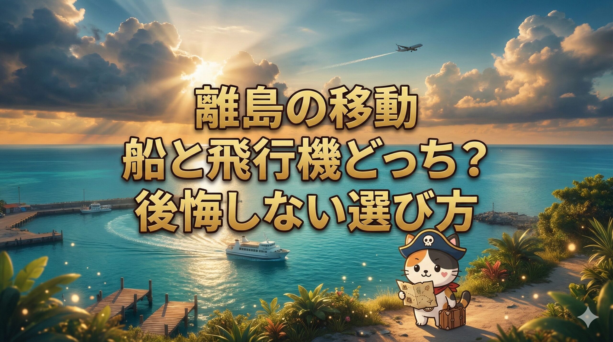 夕景の港と広い海を背景に、船と飛行機の行き先を見比べながらスーツケースを持って立つココロ船長のサムネイル