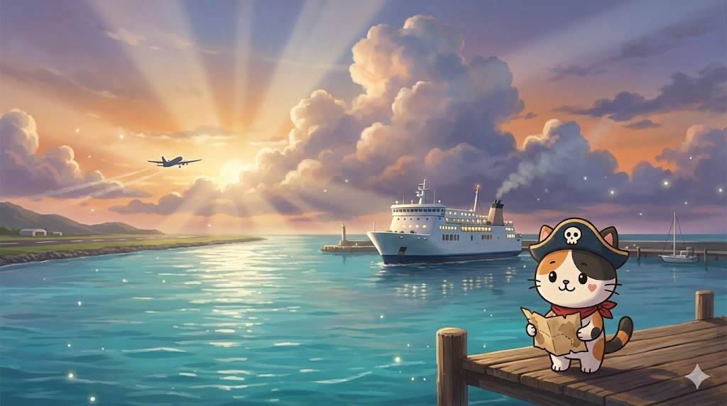 港と空港が見える広い朝焼けの景色の中で、行き方を迷いながら地図を見比べているココロ船長