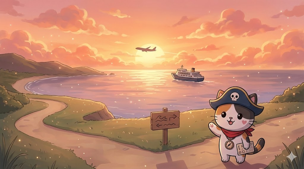 夕焼けの海と港を背景に、旅程カードを持って手を振るココロ船長