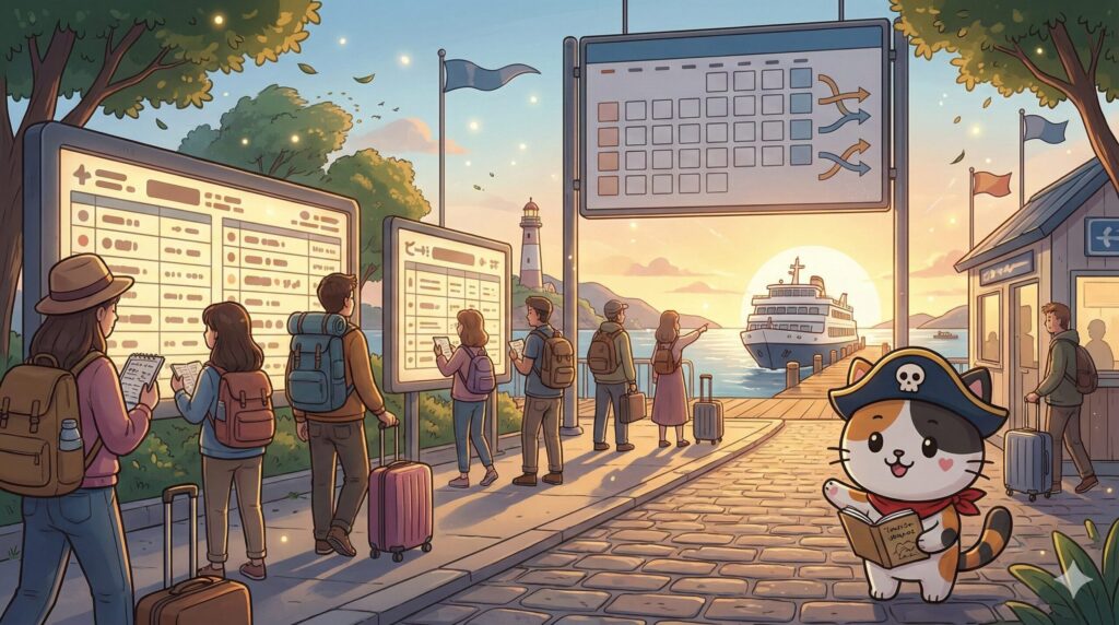 離島のターミナルで、手帳を開きながら朝便のイメージを示しているココロ船長