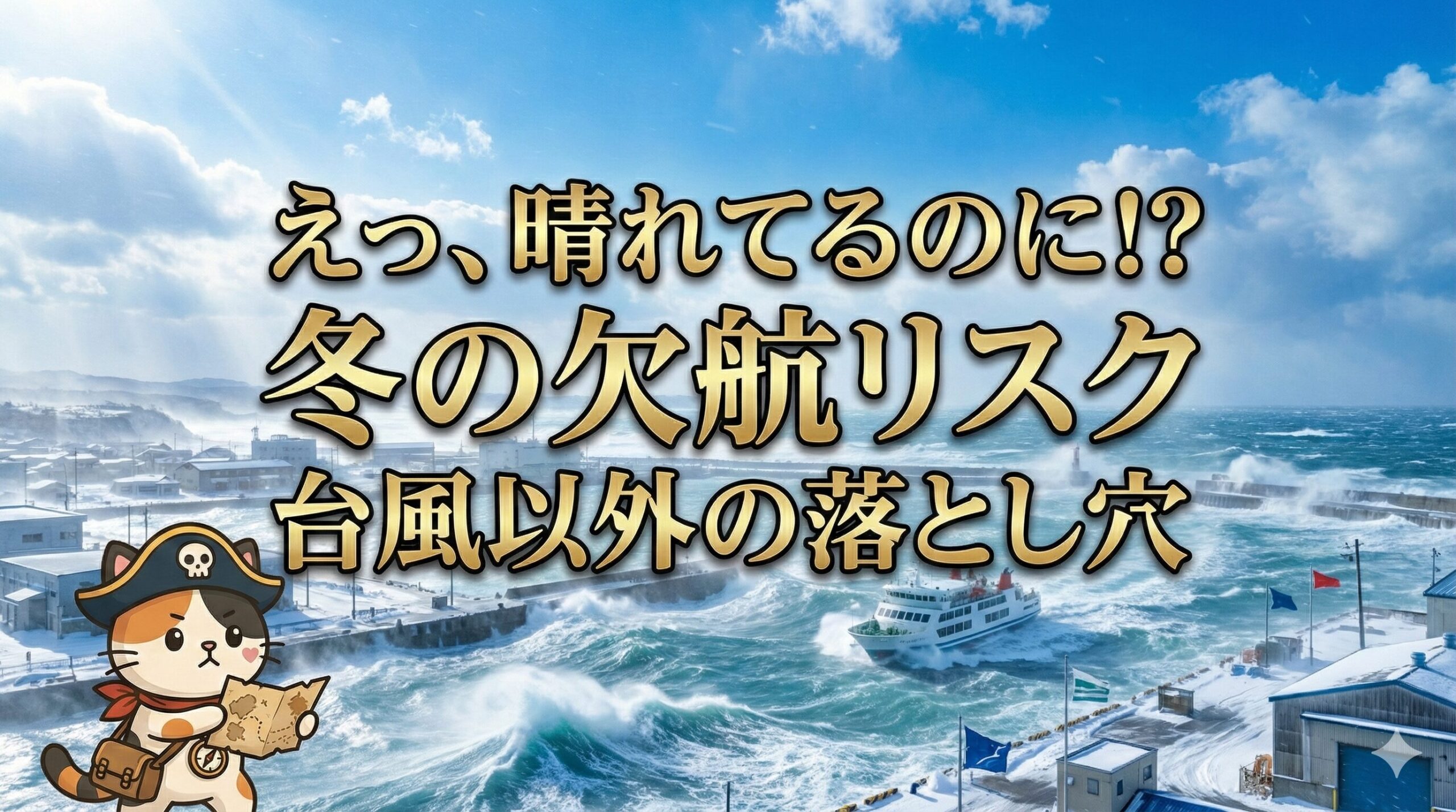 冬の強風と高波で荒れる海を背景に、港の近くで風に耐えながら状況を確認しているココロ船長