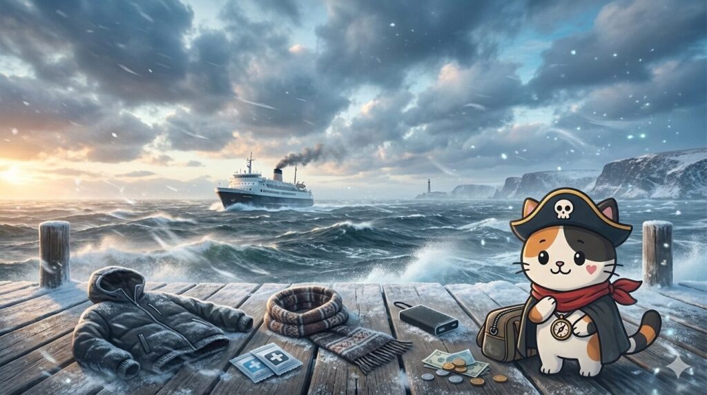 冬の港の風景の中で、荷物を整えながら防寒の準備をしているココロ船長