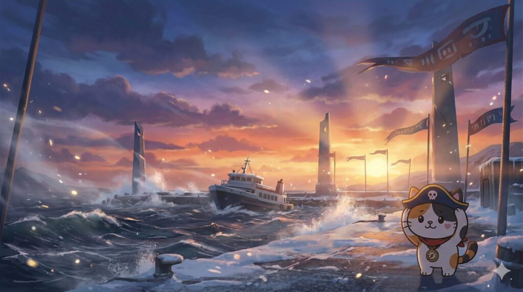 冬の離島の港で、強い風に耐えながら荒れる海を見つめているココロ船長