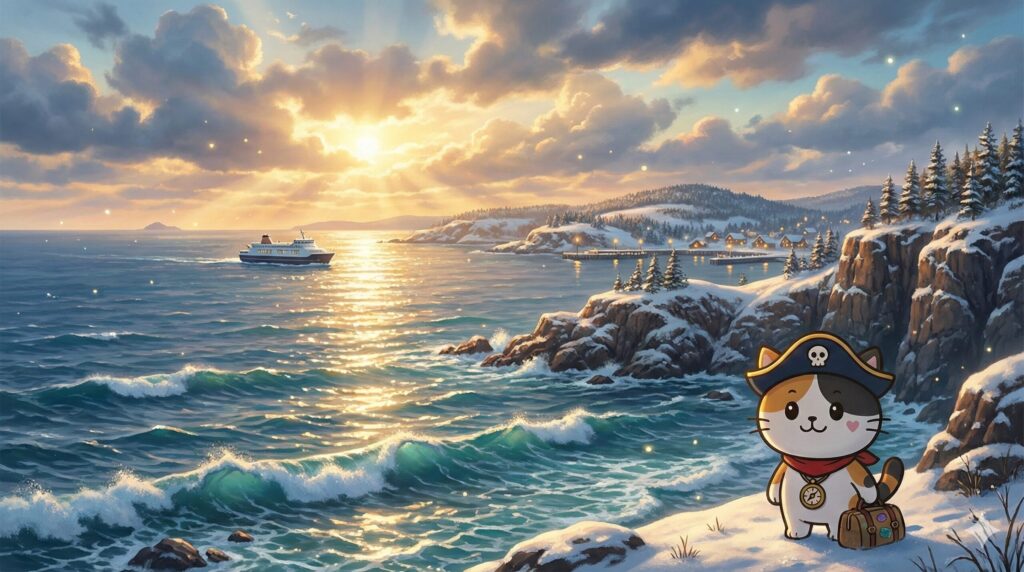 冬の離島の夕景を背景に、準備万端で海を眺めているココロ船長