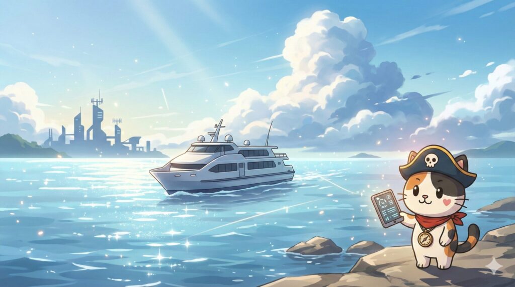 瀬戸内海の航路を背景に、機器を確認しながら最新フェリーを見守っているココロ船長