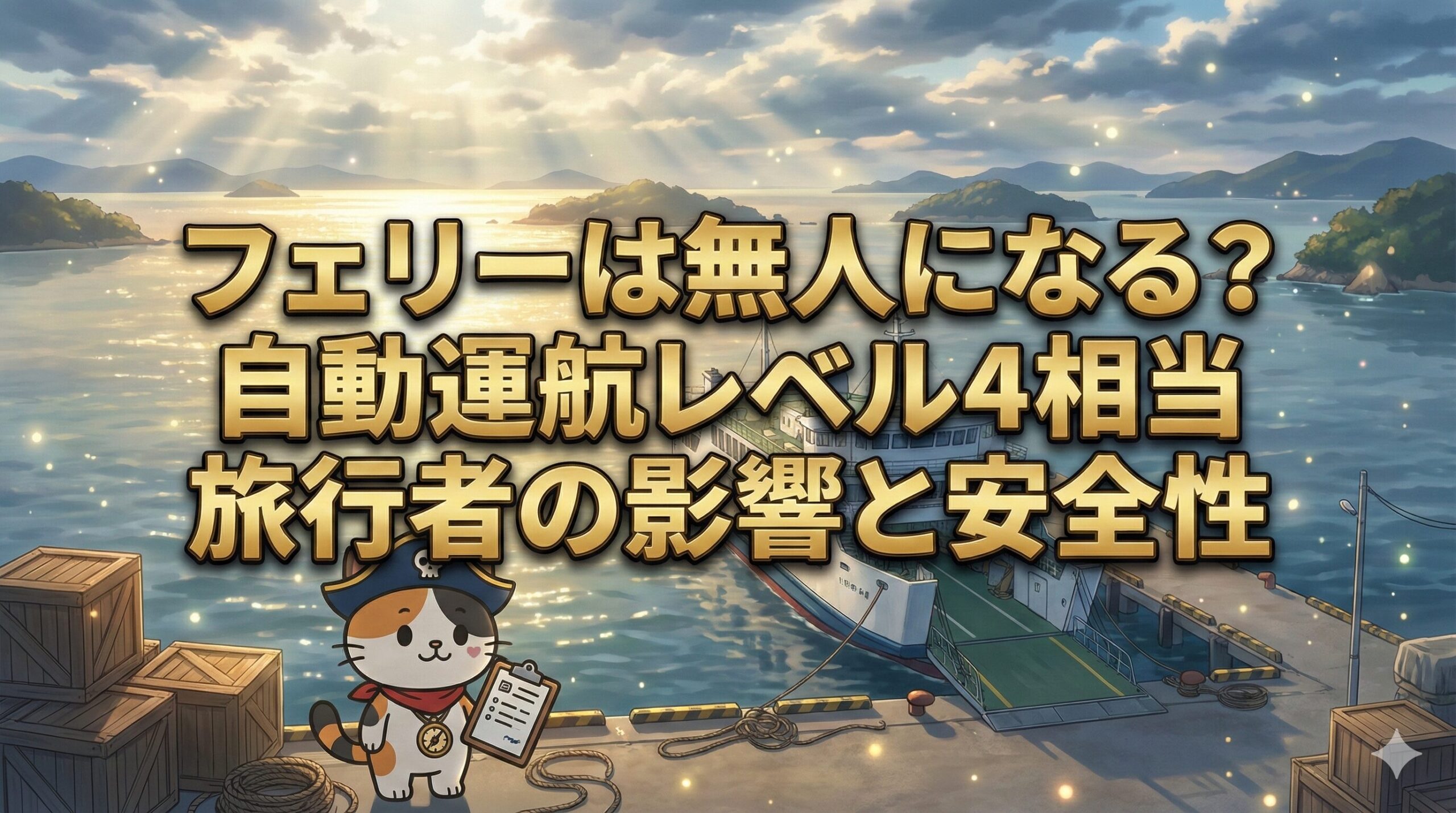 瀬戸内海のフェリー港の風景の中で、荷物を確認しているココロ船長が佇むサムネイル画像