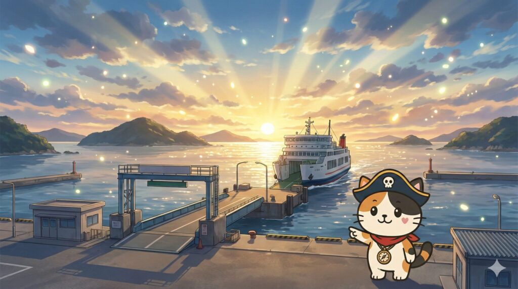 瀬戸内海のフェリー港で航路を見守りながら安心感を示しているココロ船長の見出し画像